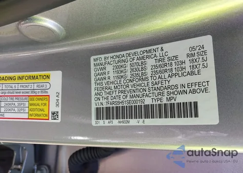 2025 Honda Cr-V Hybrid Sport z USA, uszkodzony, nr VIN 7FARS5H51SE000192